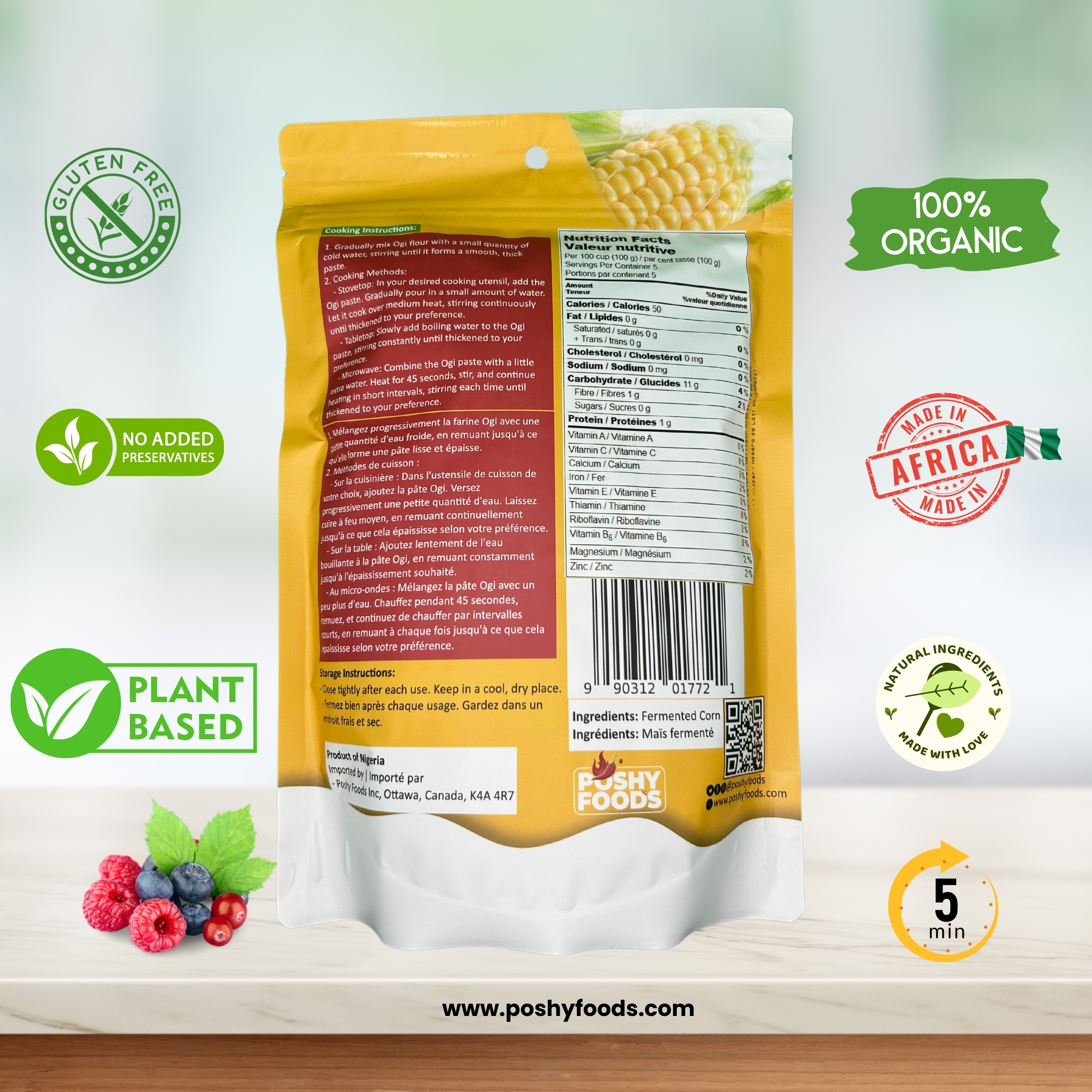 Poshy Foods Yellow Ogi | Akamu | Koko | Organic Fermented Cornmeal Flour | Gluten-Free | 500g - Image 4