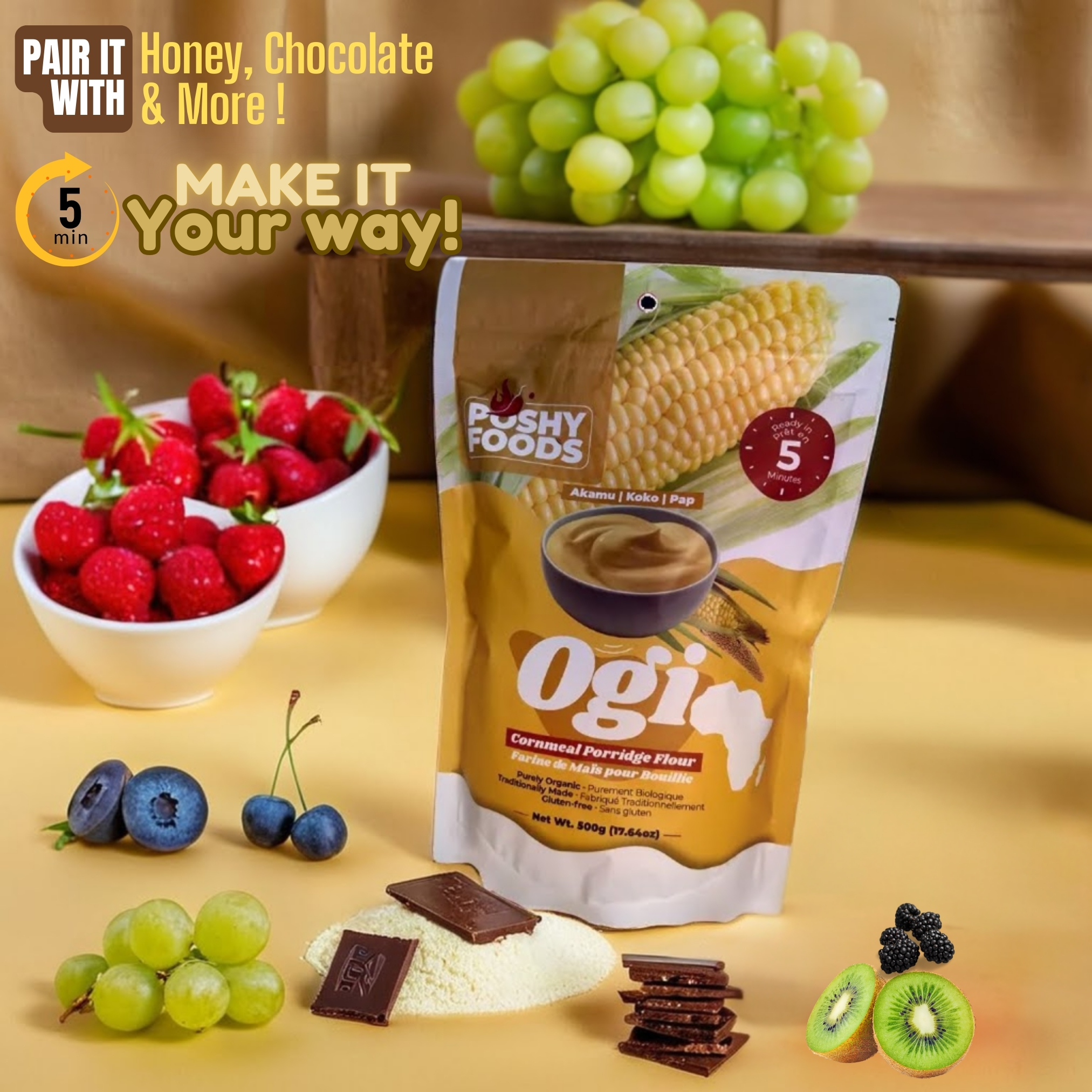 Poshy Foods Yellow Ogi | Akamu | Koko | Organic Fermented Cornmeal Flour | Gluten-Free | 500g - Image 7